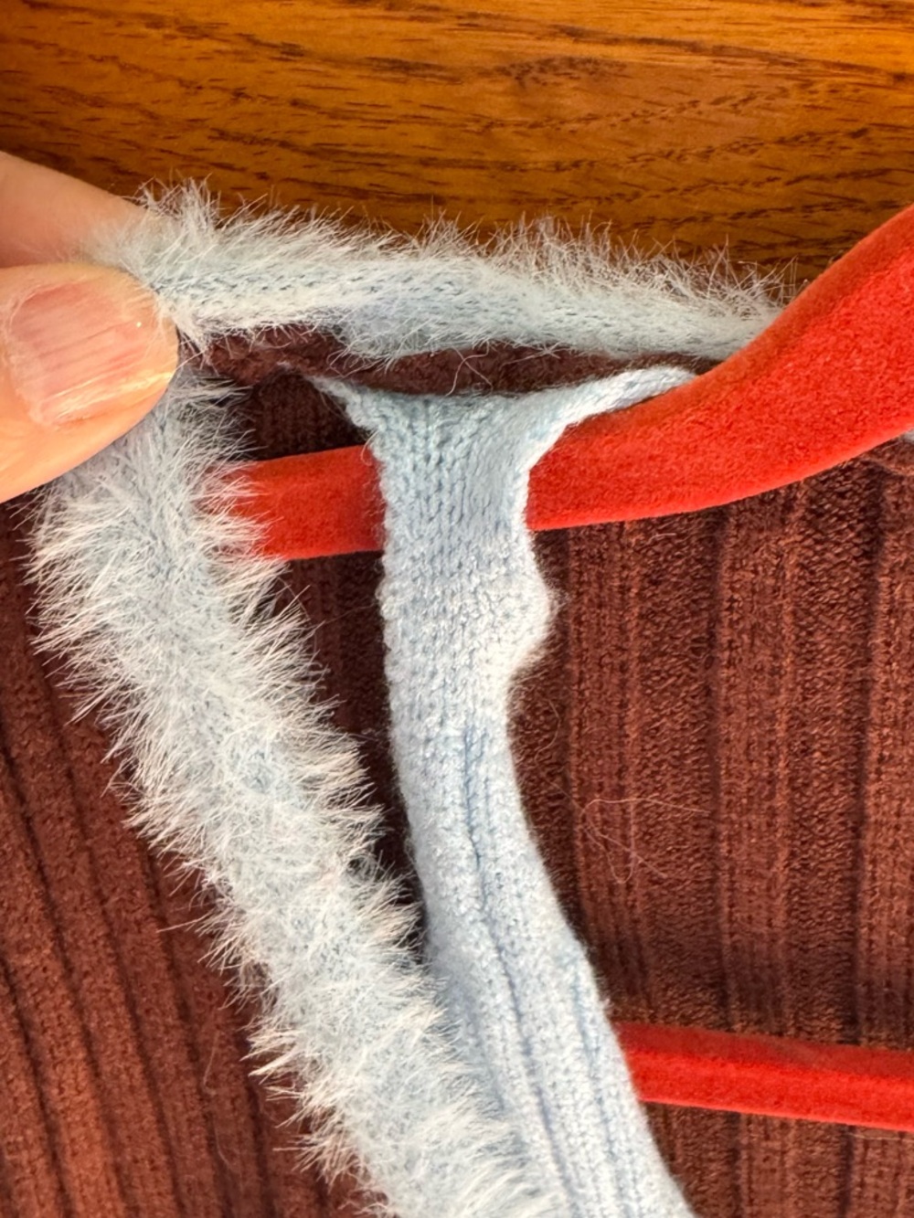 Cider Brown and Light Blue Ribbed Faux-Fur Trim Women's Sweater - Picture 5 of 8